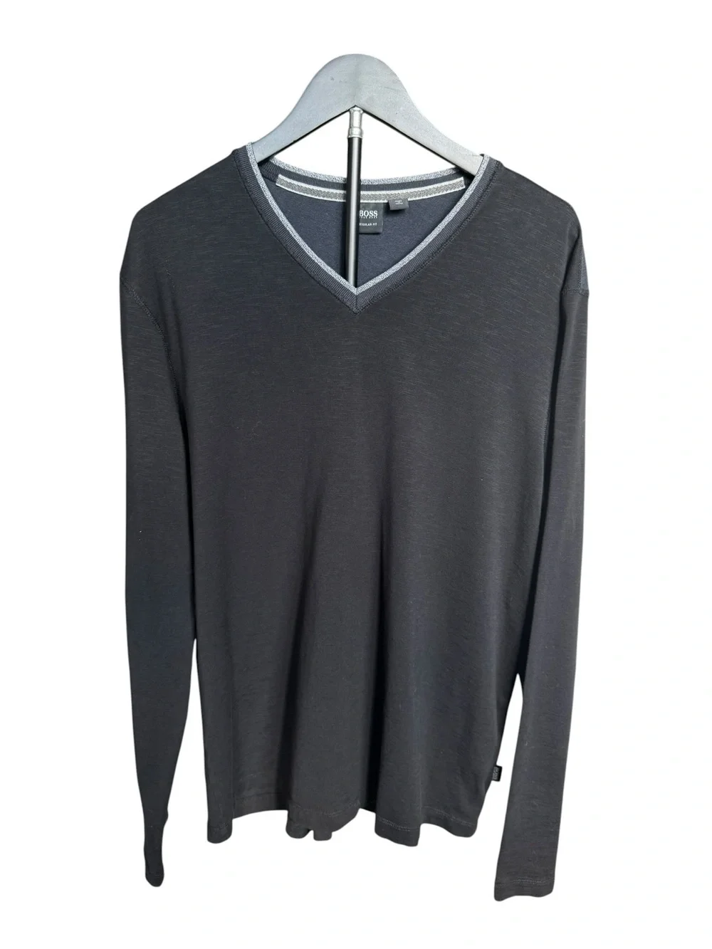 BOSS Hugo Boss V-Neck Long Sleeve Knit Shirt XL Black Gray Quiet Luxury O54